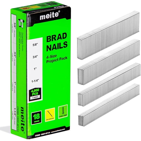 4,000 Counts Miete 18 Gauge Brad Nails, Assorted 4 Sizes (5/8", 3/4", 1" and 1-1/4-Inch) Galvanized Small Finishing Nails 4,000-Counts