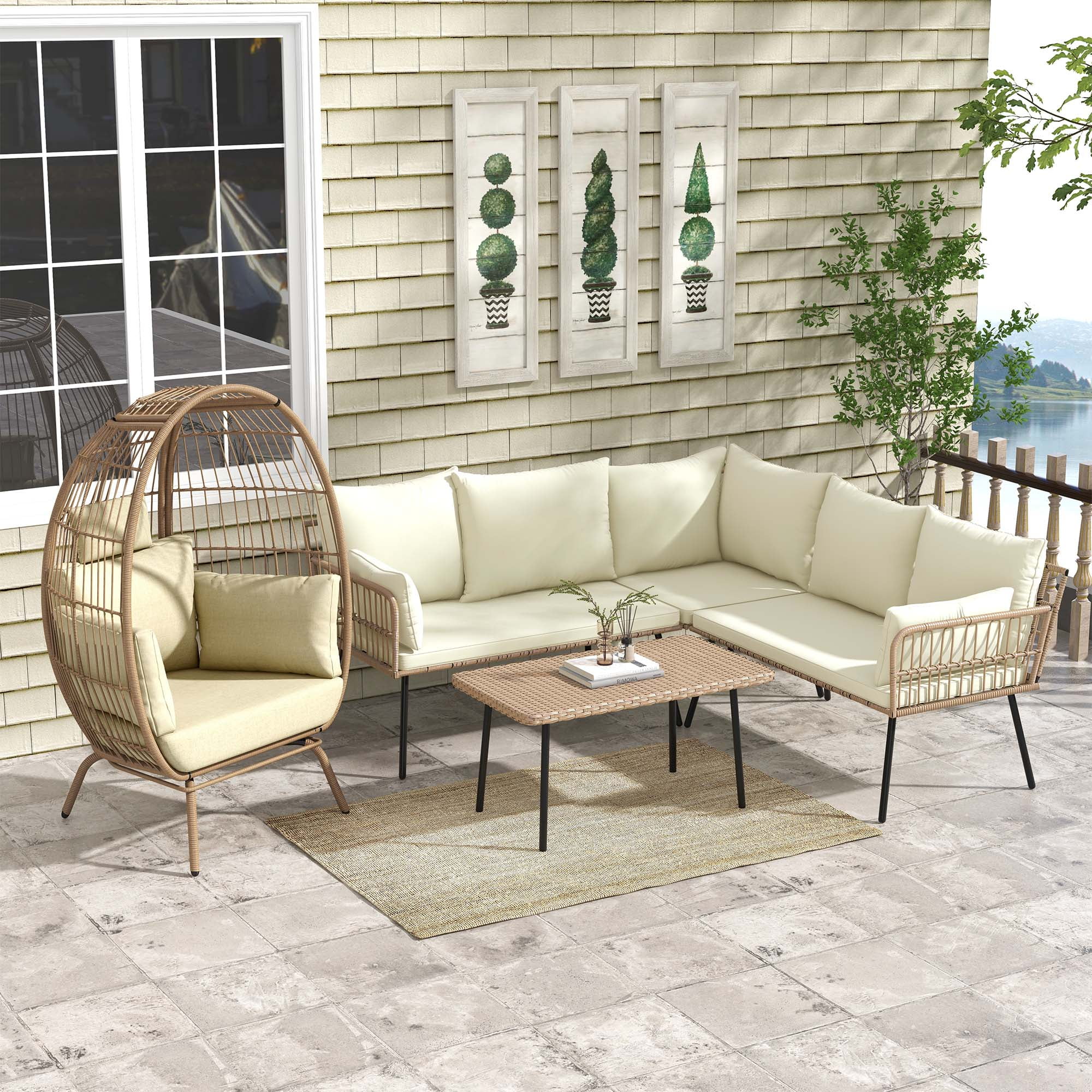 Uforic Patio Conversation Sets,Outdoor Furniture Sofa Set - Club Lounge Chairs Egg Chair,L-Shaped Patio Sofa and Wicker Table & Cushions - Beige