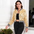 thumbnail image 2 of Women's Sequin Bomber Jacket with Striped Ribbed Trim and Zip Front- XX Large, Gold, 2 of 6