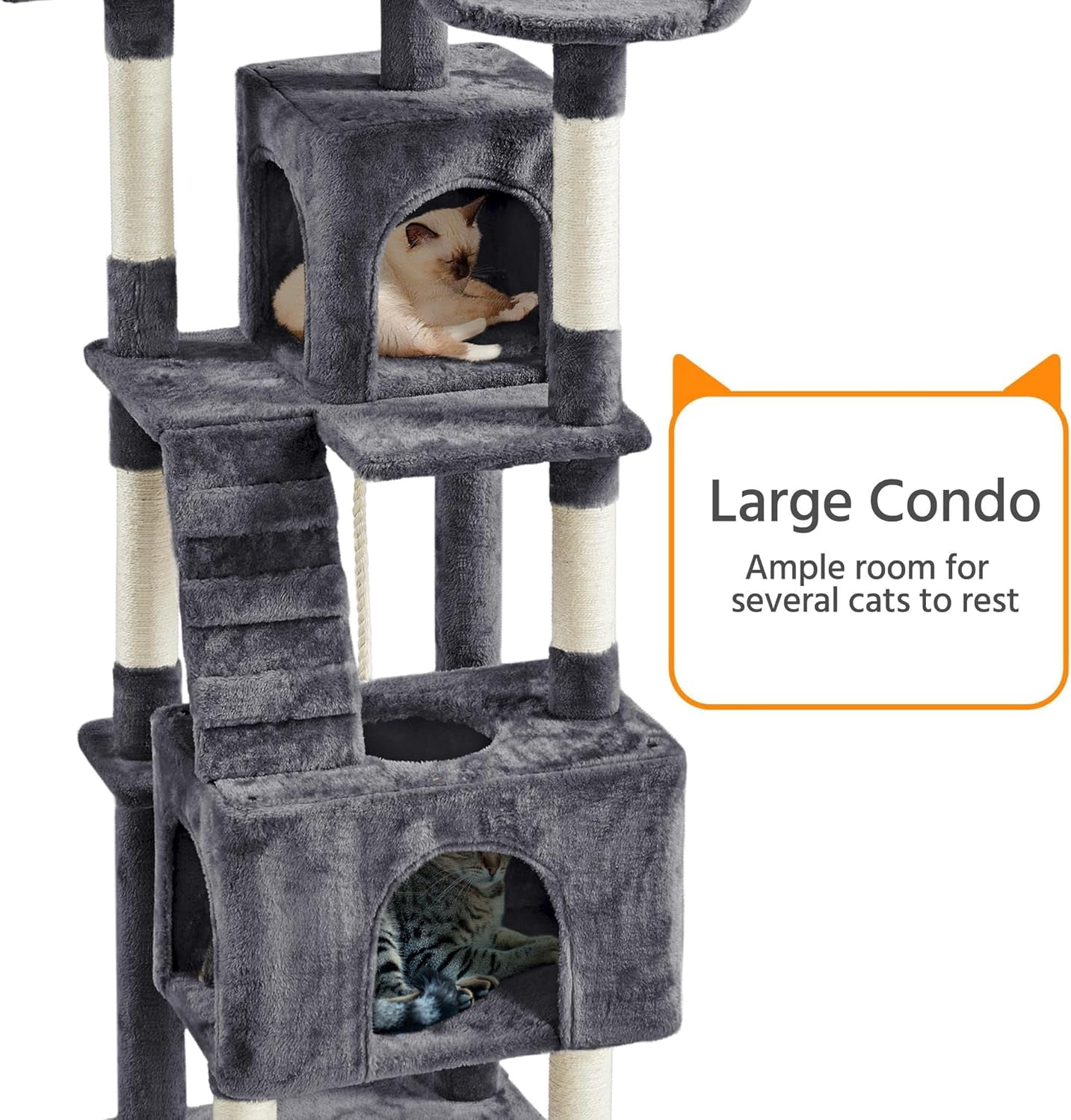ZYPPP XL Cat Tree, 72in Multi-Level Cat Tower with 2 Cozy Caves, 3 Soft Perches, Scratching Posts, Board, and Dangling Ball, Pet Furniture Play House for Kittens/Cats, Dark Gray