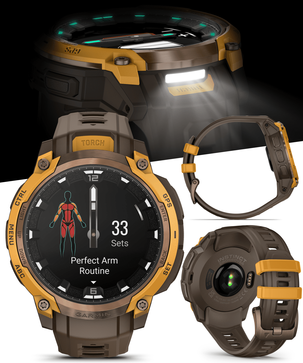 Garmin Instinct Crossover AMOLED Sapphire Rugged Hybrid GPS Smartwatch, Analog Hands, Bronze/Sunburst & Cocoa w/ Wearable4U PowerBank Bundle