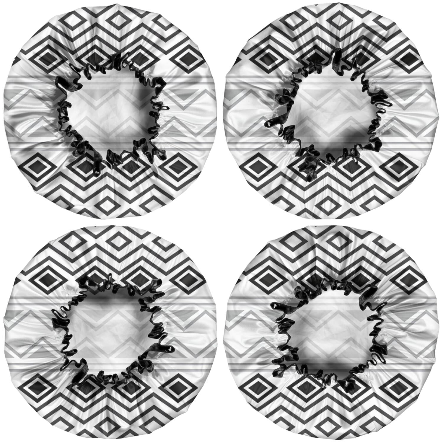 Shower Caps,Boho Black and White Geometric Ethnic Pattern Waterproof Shower Cap for Women 4 Pieces,Double Reusable Hair Cover for Shower PEVA Elastic Stretch Hem