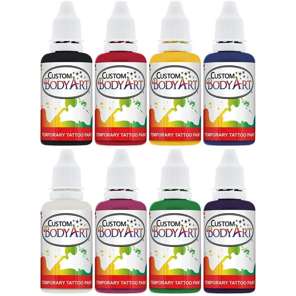 8 Color Airbrush Temporary Tattoo Ink Kit Red, Blue, Black, Pink, Green, Purple, Yellow, and White