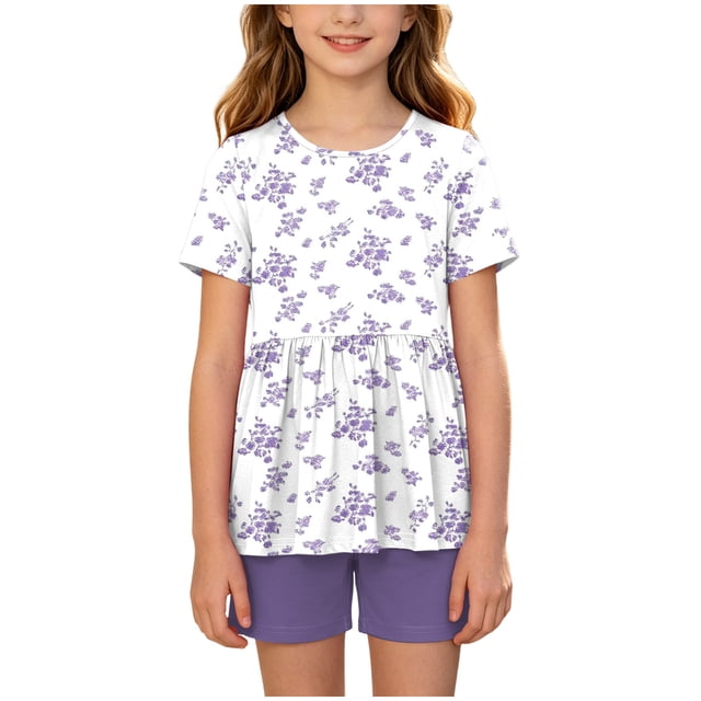 felwors Toddler Girls Summer Sleeveless Ruffle Top Elastic Shorts Set Kids Short Set 2-8 (Purple, 7-8 Years)