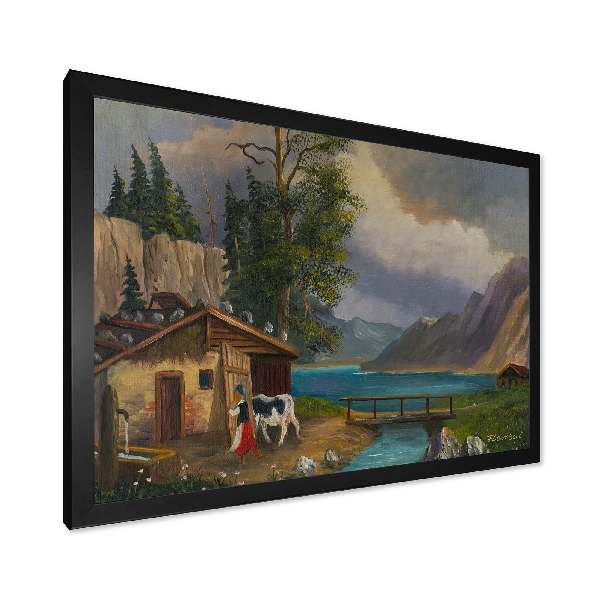 Designart 'Girl Brings The Cow Into The Stable At A Lake' Farmhouse Framed Art Print