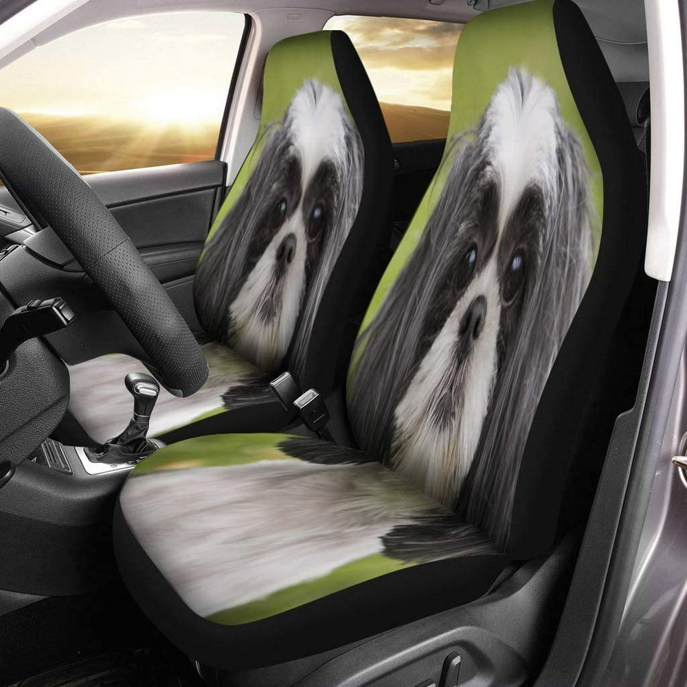 KXMDXA Set of 2 Car Seat Covers Green Dog Shih Tzu Canine Grass Grey