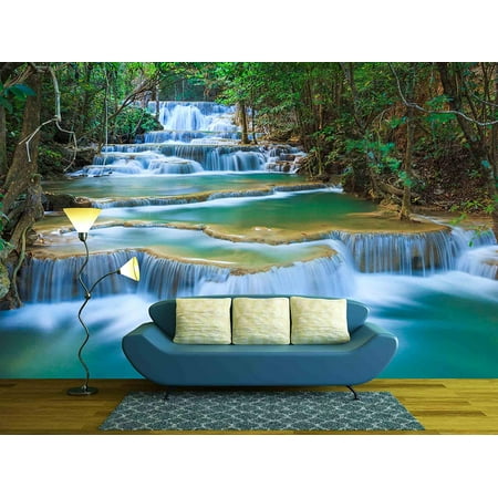 wall26 - Deep Forest Waterfall in Kanchanaburi, Thailand - Removable Wall Mural | Self-adhesive Large Wallpaper - 100x144 (World Best Waterfall Wallpaper)