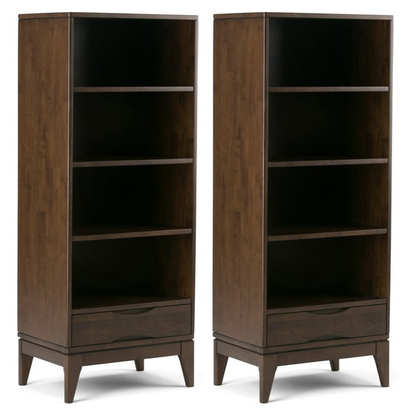 Simpli Home Harper 24W 4 Shelf Bookcase with Drawer (Set of 2) in Walnut Brown