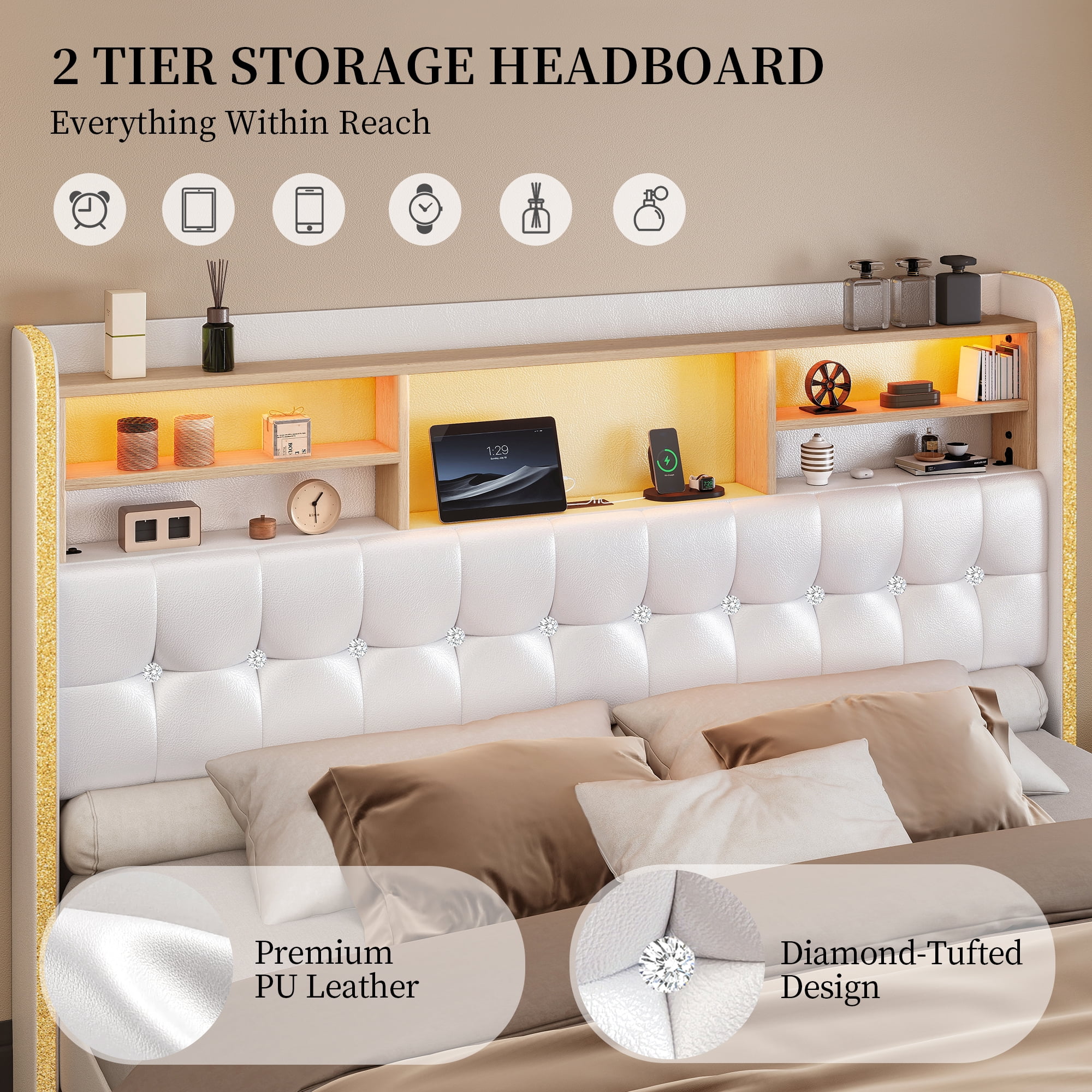 SIBEDS LED Bed Frame with 2 Storage Drawers and PU Upholstered White Wingback Headboard, Queen