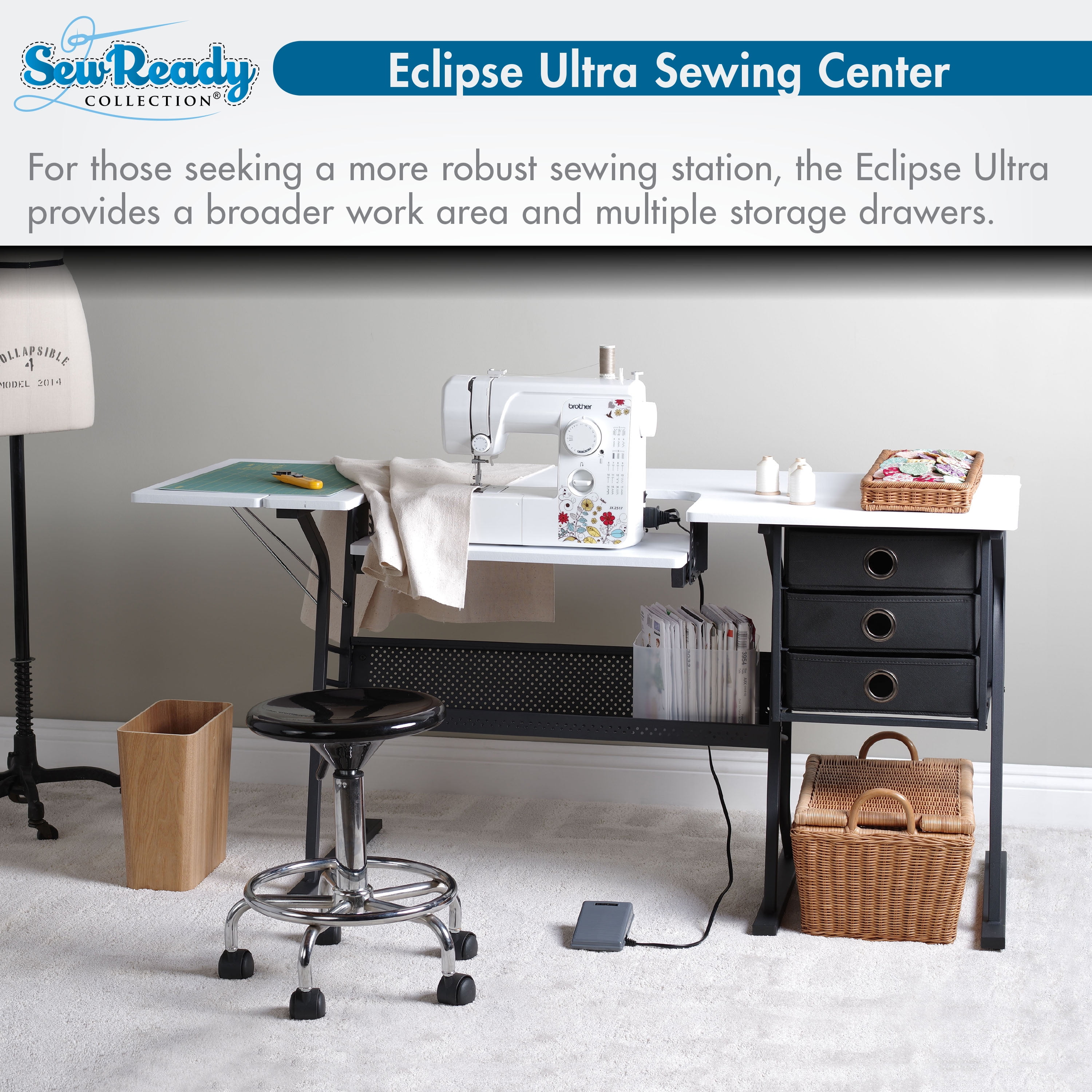 Sew Ready Eclipse Ultra Hobby/Office/ Sewing Desk with Height Adjustable Platform and Storage Black/White