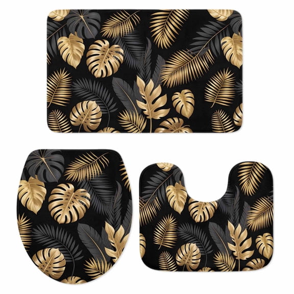 Black Gold Leaf Bathroom Rugs Set Modern Luxury Gold Black Tropical Leaves Plants Non Slip Absorbent Soft Bath Mats 3 Piece Set with Bathroom Rug, U-Shaped Floor Mat, Toilet Seat Cover Small Size