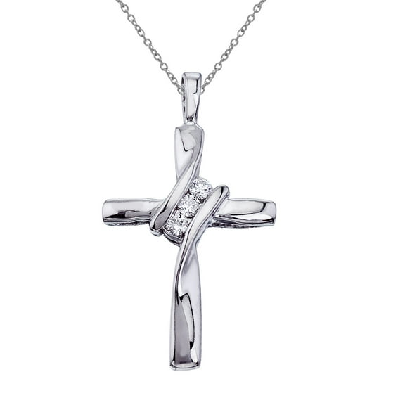 Petite 14K White Gold Off Set Diamond Cross Pendant with 18" Chain