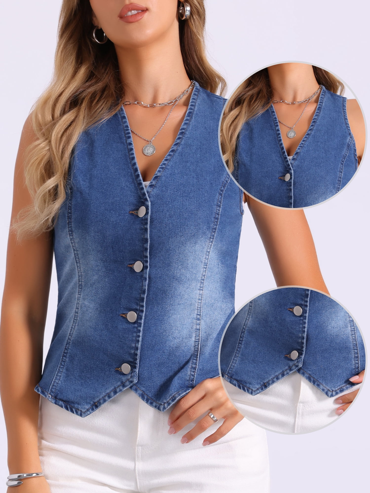 DARING DIVA Womens Denim Vest V Neck Button Down Jean Waistcoat Jacket XL Blue