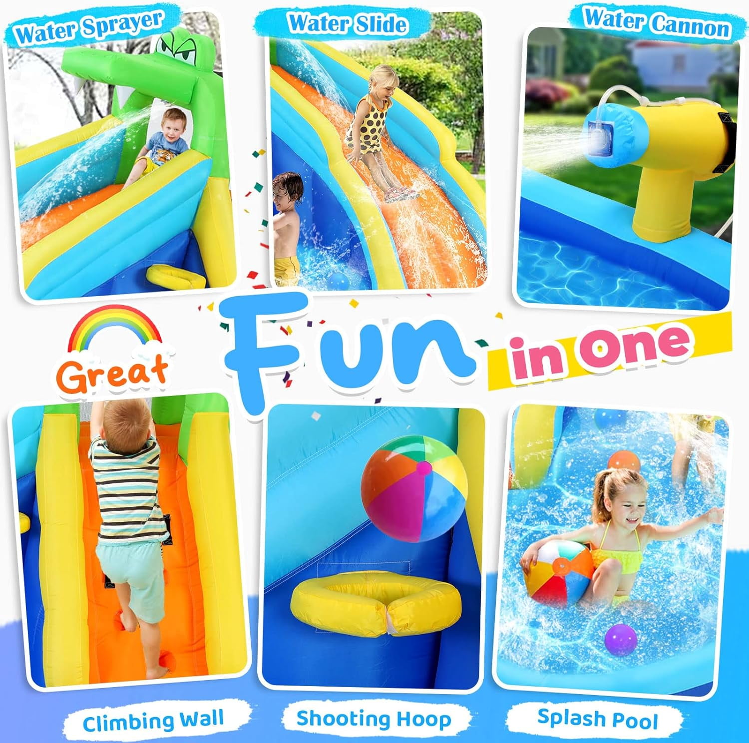 Qhomic Inflatable Water Slide with Spray Pool, 2 Water Guns, Climbing Wall, Basketball Hoop, and Inflatable Bounce House with UL Air Blower, (Gift for Kids), Polyester, Child, Teen, Toddler