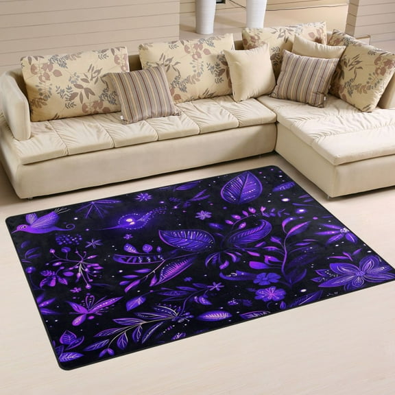 Mystical Purple Flowers and Animal Soft Polyester Area Rug 31''x20'', Non Slip, Memory Foam, Water Absorbent
