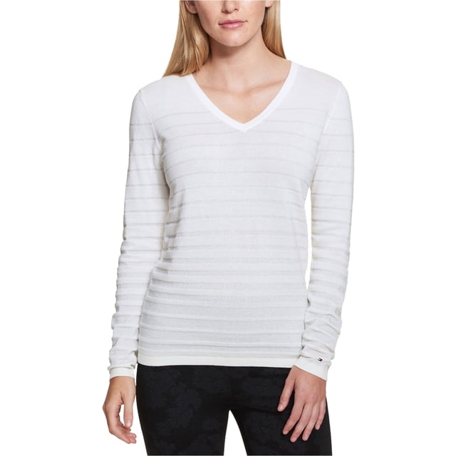 Tommy Hilfiger Womens Striped Metallic Knit Sweater, White, Medium