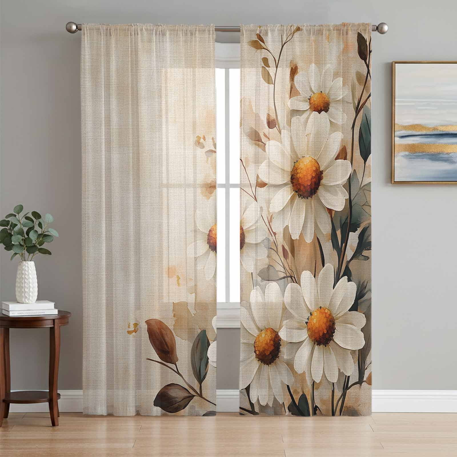 Spring Floral Sheer Curtains 2 Panels Set White Flowers Idyllic Linen Texture Sheer Window Curtains Light Filtering Rod Pocket Voile Drapes for Bedroom Living Room 52"x63"