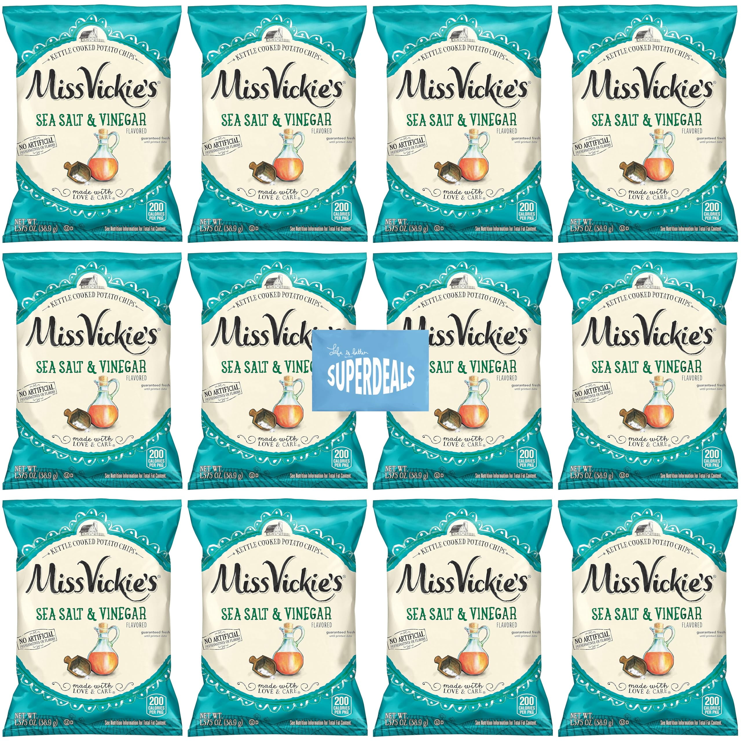 Kettle Cooked Potato Chips by Miss Vickie's Value Pack Bundled by SUPERDEALS | 1.375 Oz Bag | Sea Salt & Vinegar | Pack of 12 with mystery bonus gift