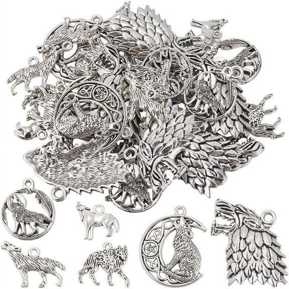 1 BOX 48Pcs 6 Stlyes Wolves Charms Wolf Charm Bulk Alloy Ancient Silver Moon Dragon Tibetan Style Feather Wild Animals Round Charms Mixed Color DIY