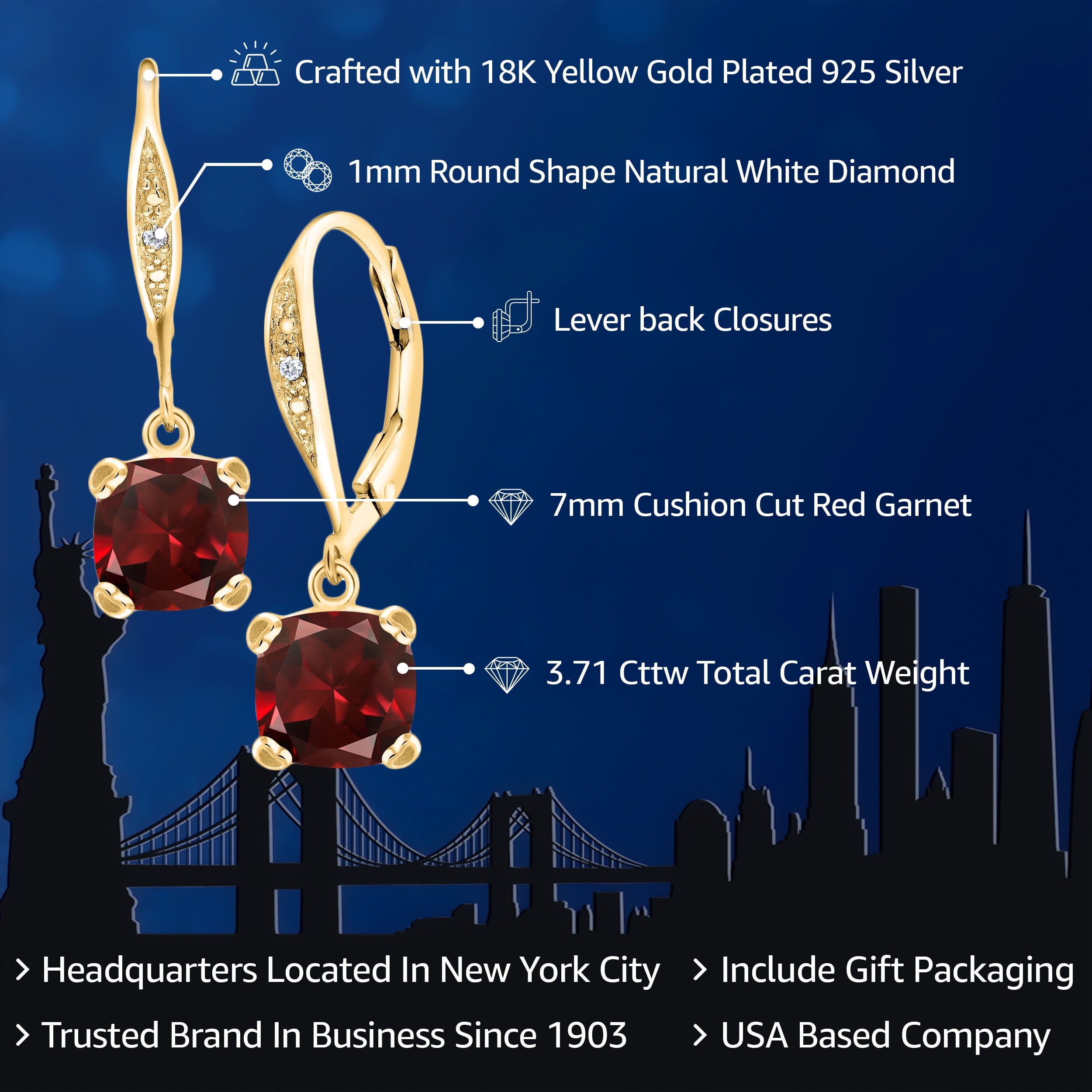 Gem Stone King 18K Yellow Gold Plated Silver Red Garnet and White Diamond Earrings for Women (3.71 Cttw, Gemstone January Birthstone, Cushion 7MM)