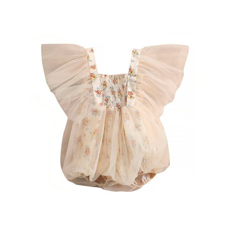 

Newborn Baby Girl Romper Sleeveless Strappy Tulle Dress Smocked Floral Print Mesh Bubble Princess Bodysuit Jumpsuit