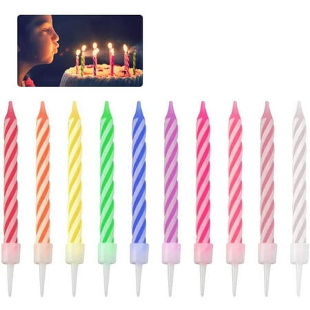 BUZIFU 70Pcs Birthday Candles Spiral Cake Candles in Holders Short Thin Candles Assorted Striped Spiral Multi Coloured Birthday Party Candles for Birthday Wedding Party Cake Decorations, 10 Colors