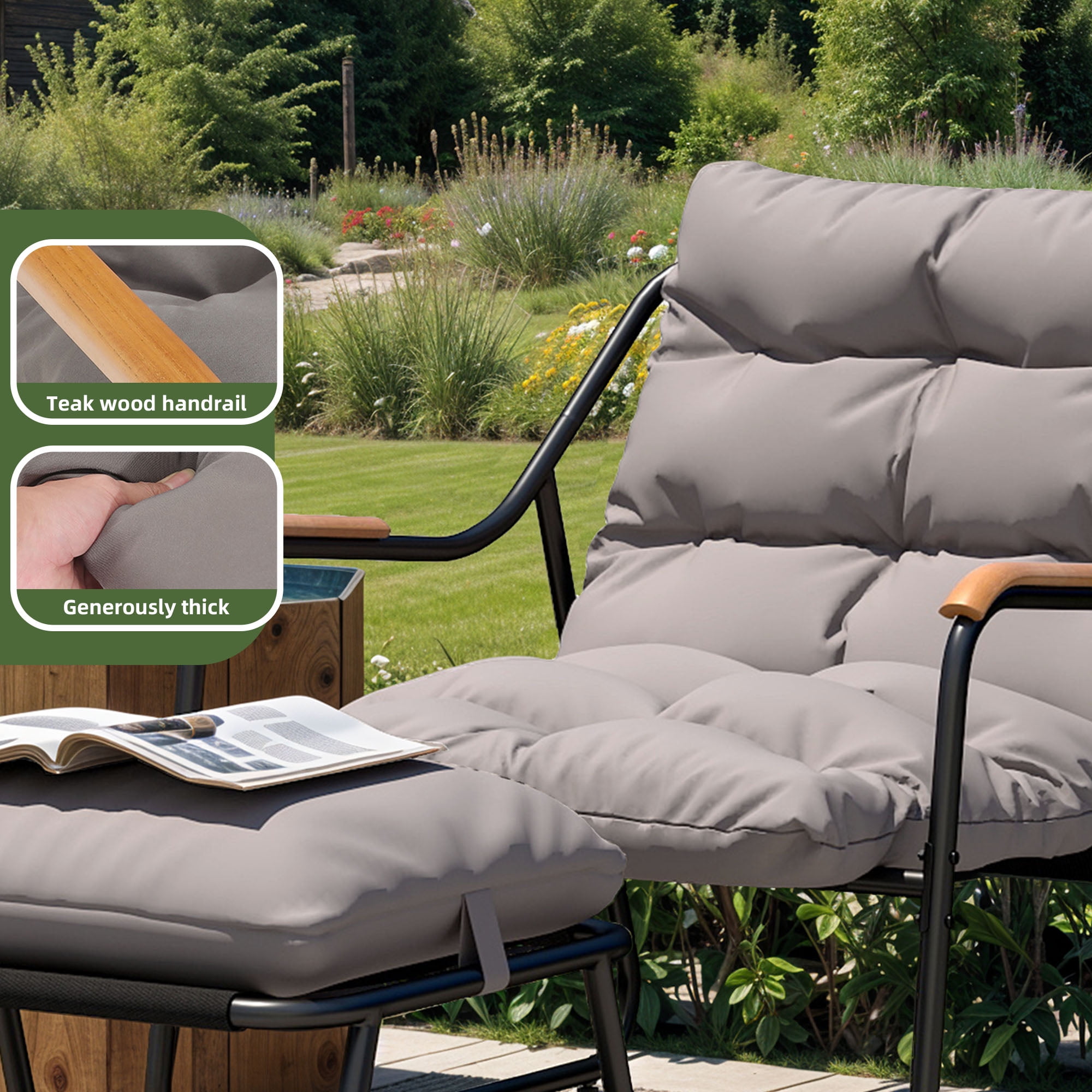 Uforic Patio Outdoor Lounge Chair with Ottoman, Comfy Sling Recliner Set, Textilene Papasan Chair with Puffy Cushion, Dark Gray