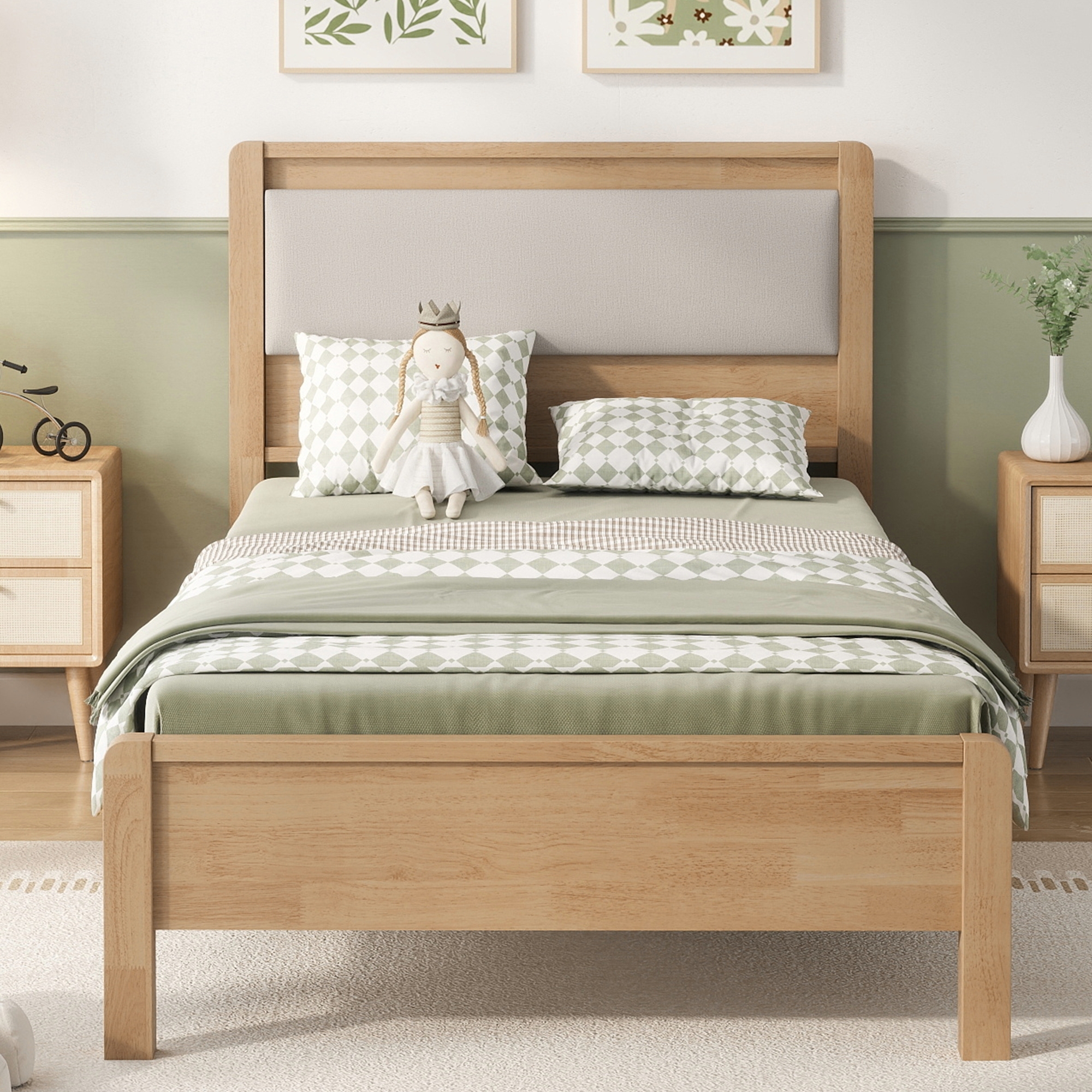 HOQBN Twin XL Solid Rubberwood Bed Frame with Upholstered Headboard, Reinforced Central Support Legs for Bedroom Natural