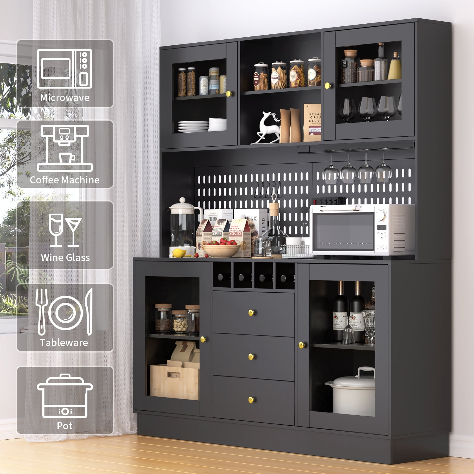 RichYa Kitchen Pantry 63" Spacious Countertop Hutch Cabinet with 3 Drawers Wine Bottle Rack Cup Holder & Power Strip Black