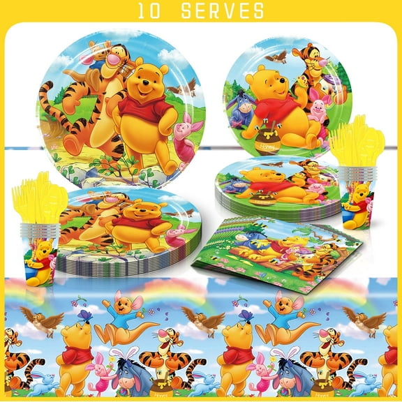 81 Pcs Winnie the Pooh Party Tableware Set, Birthday Party Supplies, Table Cover,Paper Plates, Napkins, Cups, Knives, Spoons and Forks