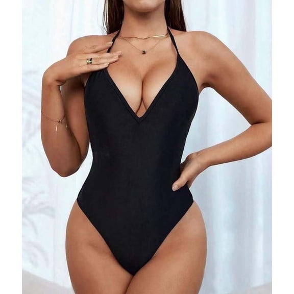 ylioge Womens Deep V Neck Swimsuits Tankini One-Piece Bathing Suits Ladies Trendy Solid Halterneck Backless Sleeveless Swimwear Tankinis