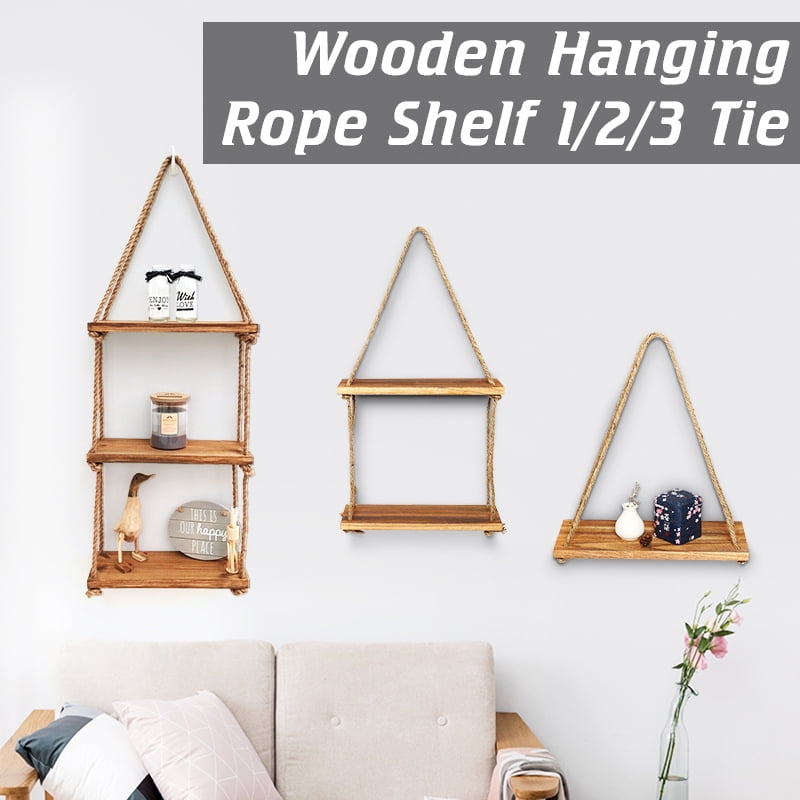 1/2/3 Tier Wooden Wall Hanging Rack, Rustic Rope Floating Shelf Swing