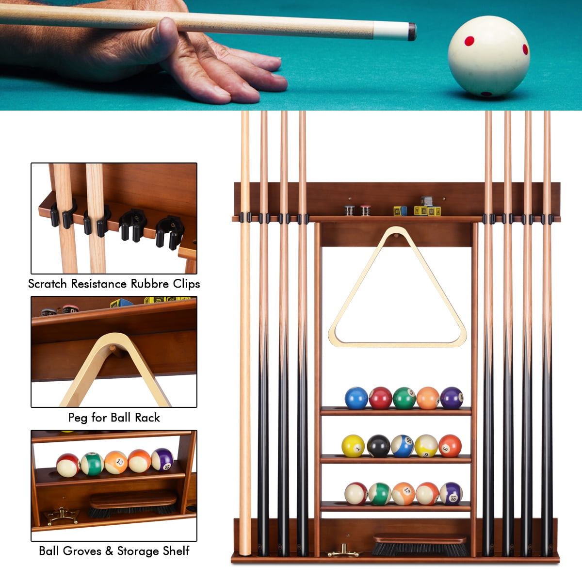 Details about   8 Pool Cue Rack Wood Sticks Storage Holder Floor Stand Billiard Table Accessorie 