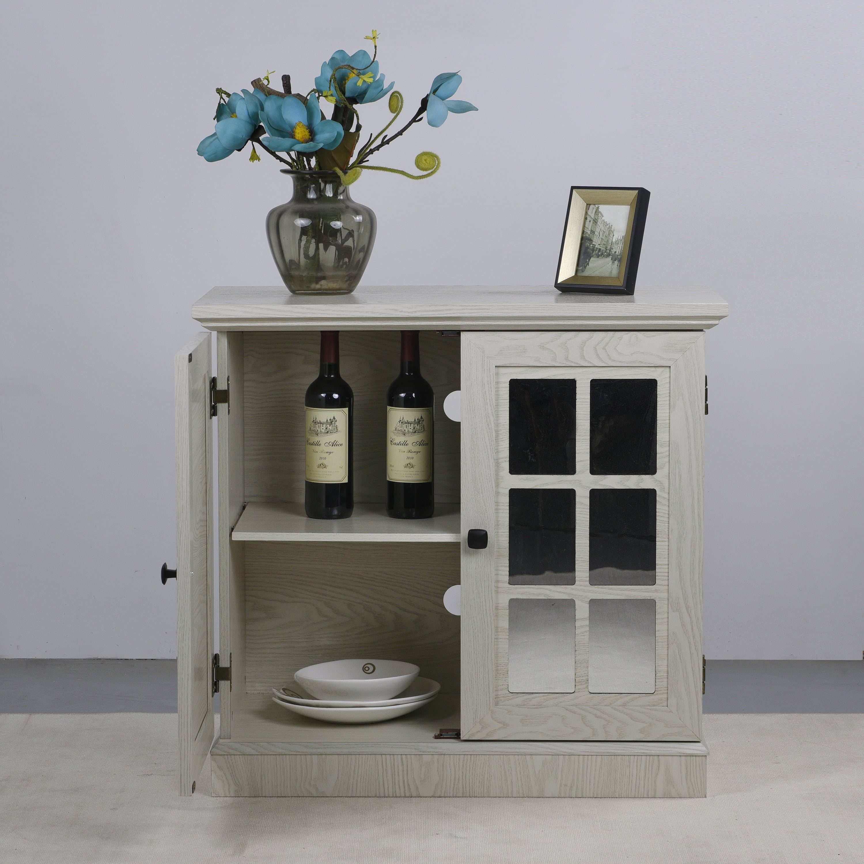 Accent Cabinet, Mirrored Sideboard&nbsp;Storage with Decorative Doors, Anti-Tip Strings, White MDF 3D Wood Grain, 30.75 Inch W