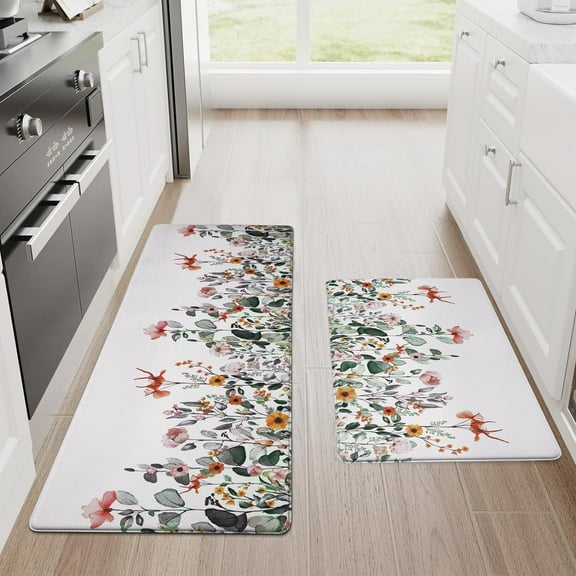 Spring Floral Kitchen Mats for Floor, Cushioned Anti-Fatigue Kitchen Rugs Non Slip, Wild Flowers Kitchen Rugs Sets of 2, Kitchen Floor Comfort Mats for Home & Office, 18'''' x 48''''   18'''' x 30''''