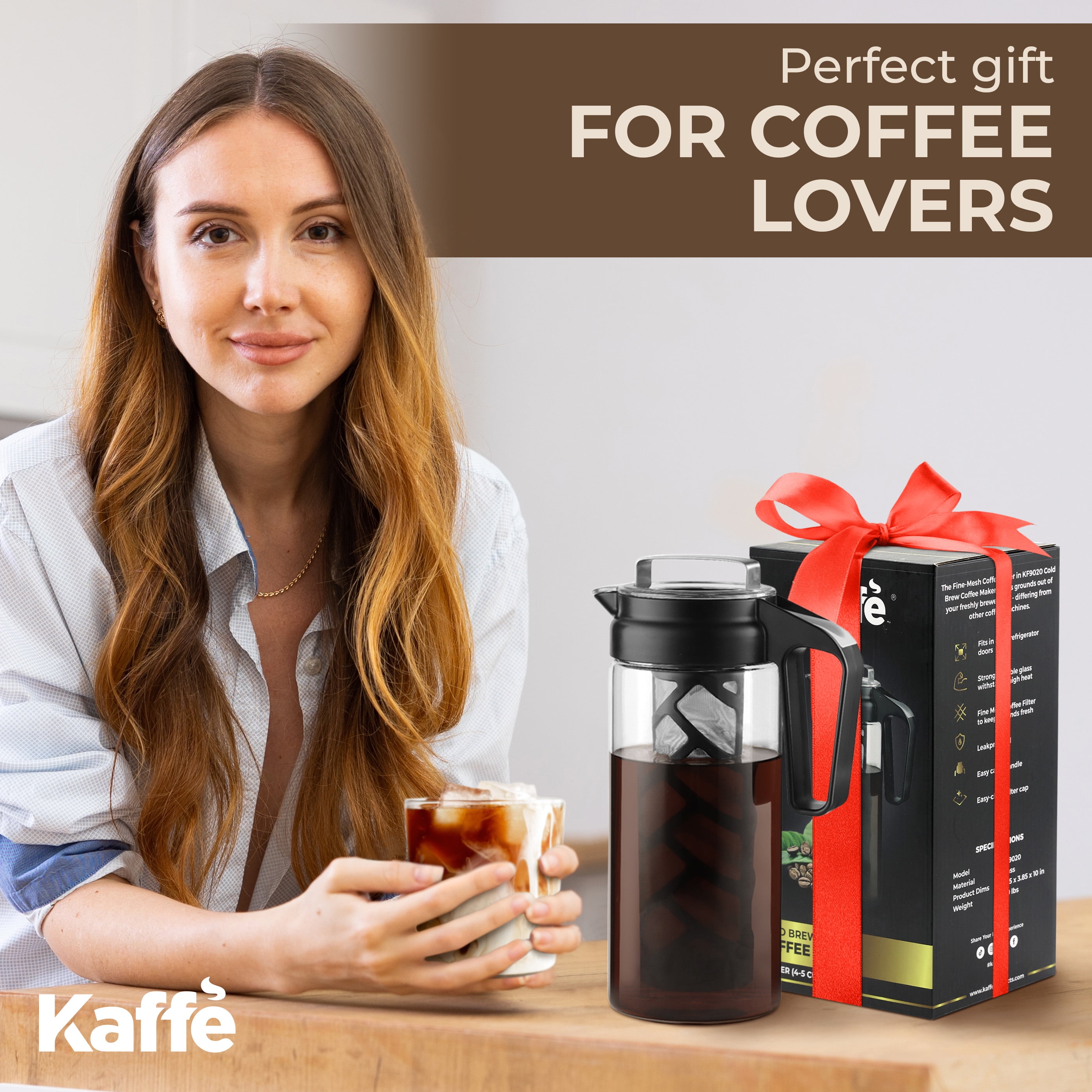 Kaffe Cold Brew Coffee Maker, 1.3L cold brew pitcher, Cold brew coffee and Tea Brewer, Easy to clean Mesh filter, iced coffee accessory, Tritan Glass cold coffee maker