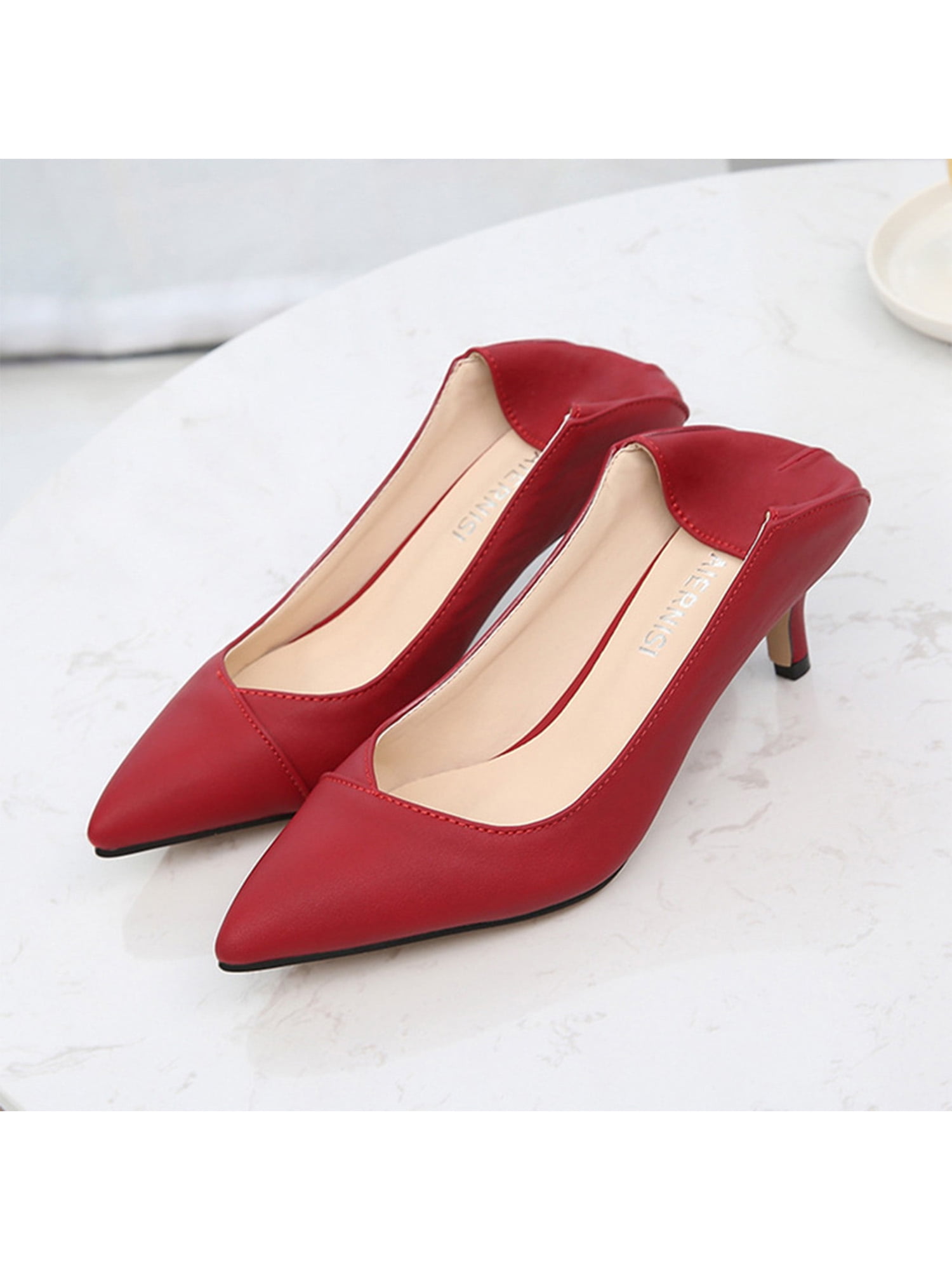 red mid heel court shoes