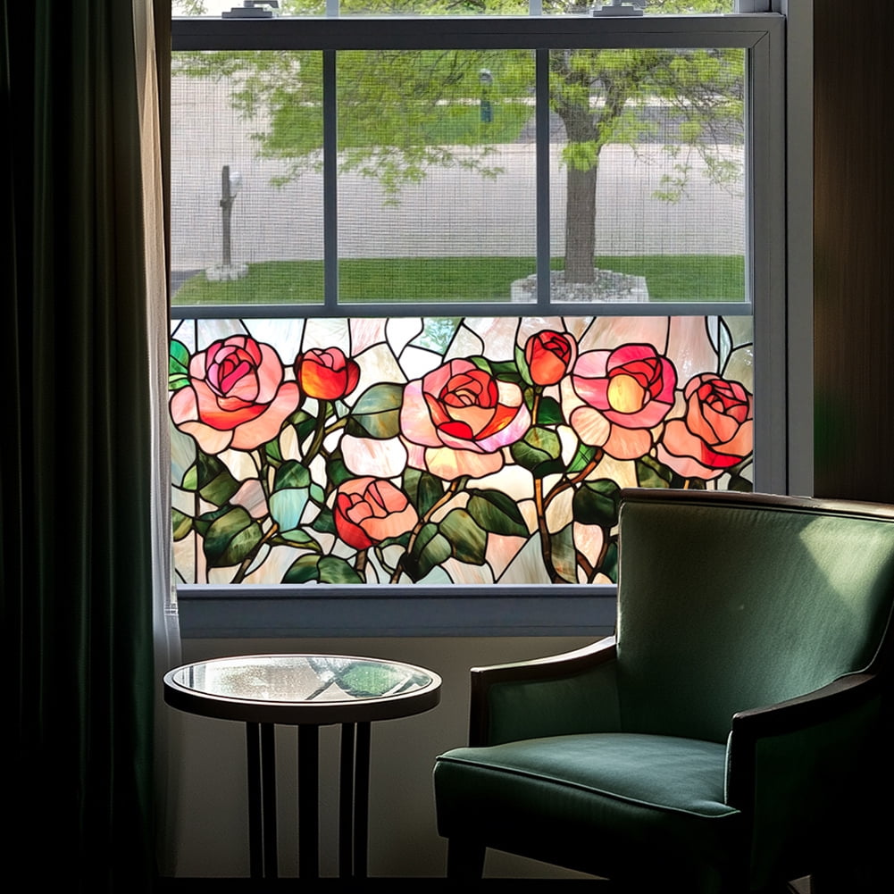 Stained Glass Window Film, Flower Static Cling Window Privacy Film Decorative UV Sun Blocking Non-Adhesive Glass Window Covering for Home Bathroom