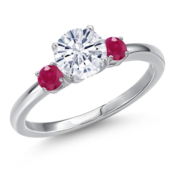 Gem Stone King 14K White Gold White Moissanite and Red Ruby Engagement Ring for Women | 1.31 Cttw | Round 6.5MM | Gemstone Birthstone | Size 7