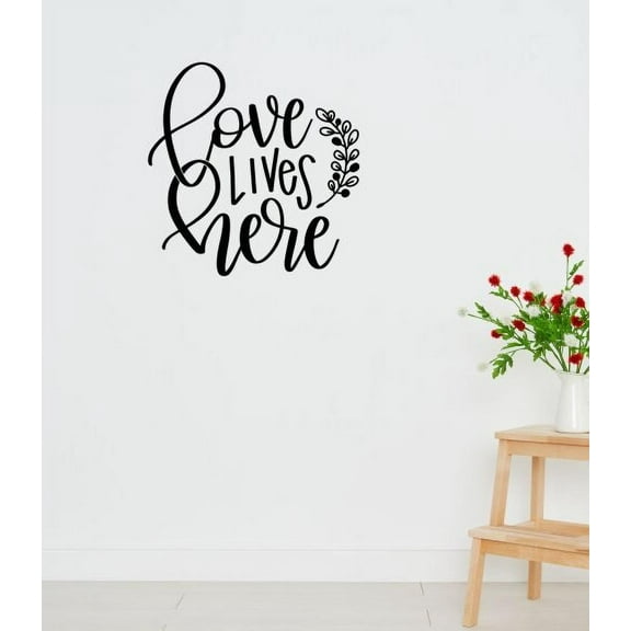Vinyl Wall Decals Love Lives Here with Leaf Art Letters Sticker Quotes 18x18-Inch Black