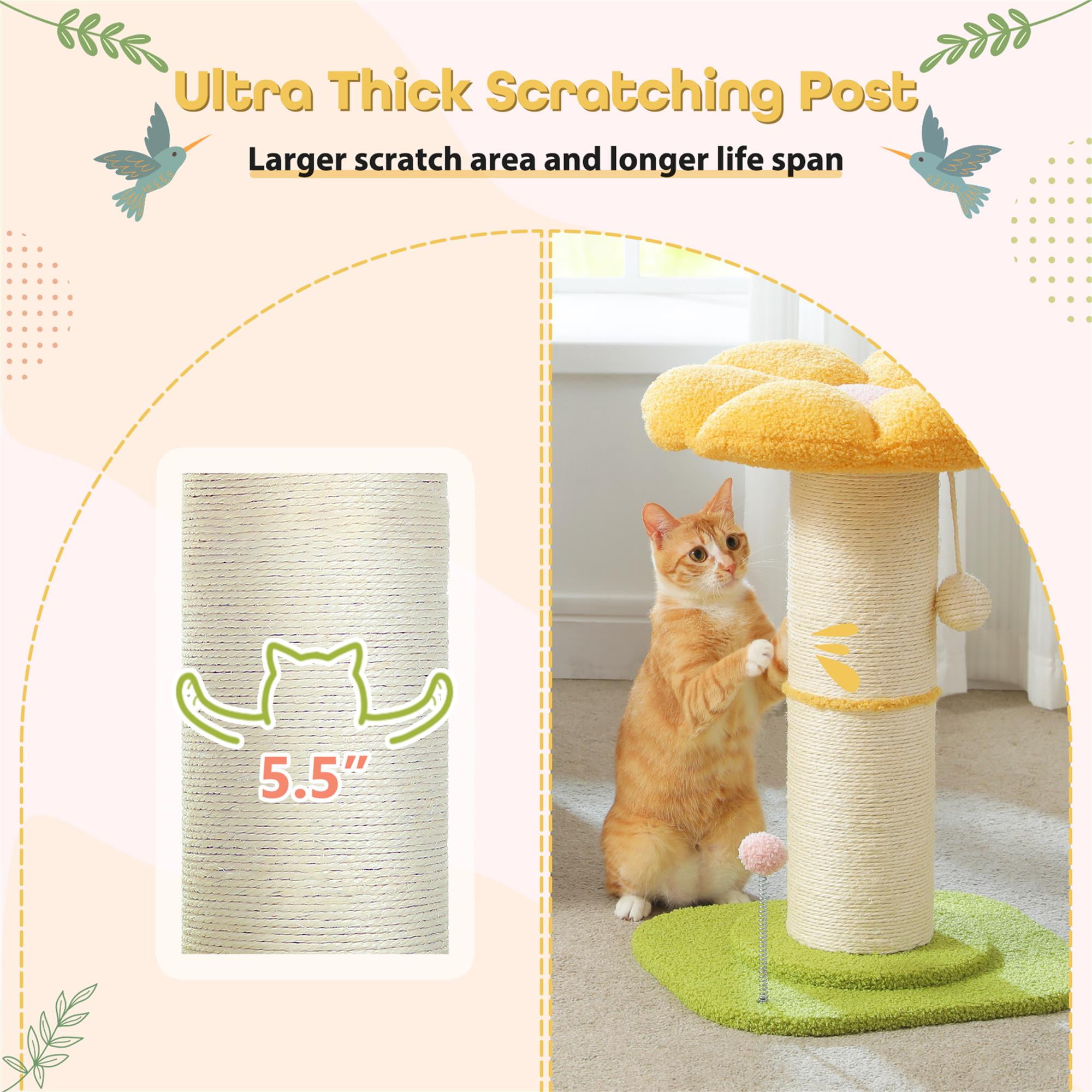 Kadyn 23" Cat Scratching Post, Small Cat Scratcher Tree for Indoor Cats with Removable Flower Cat Bed, Cat Tree Tower with Spring Ball, Yellow