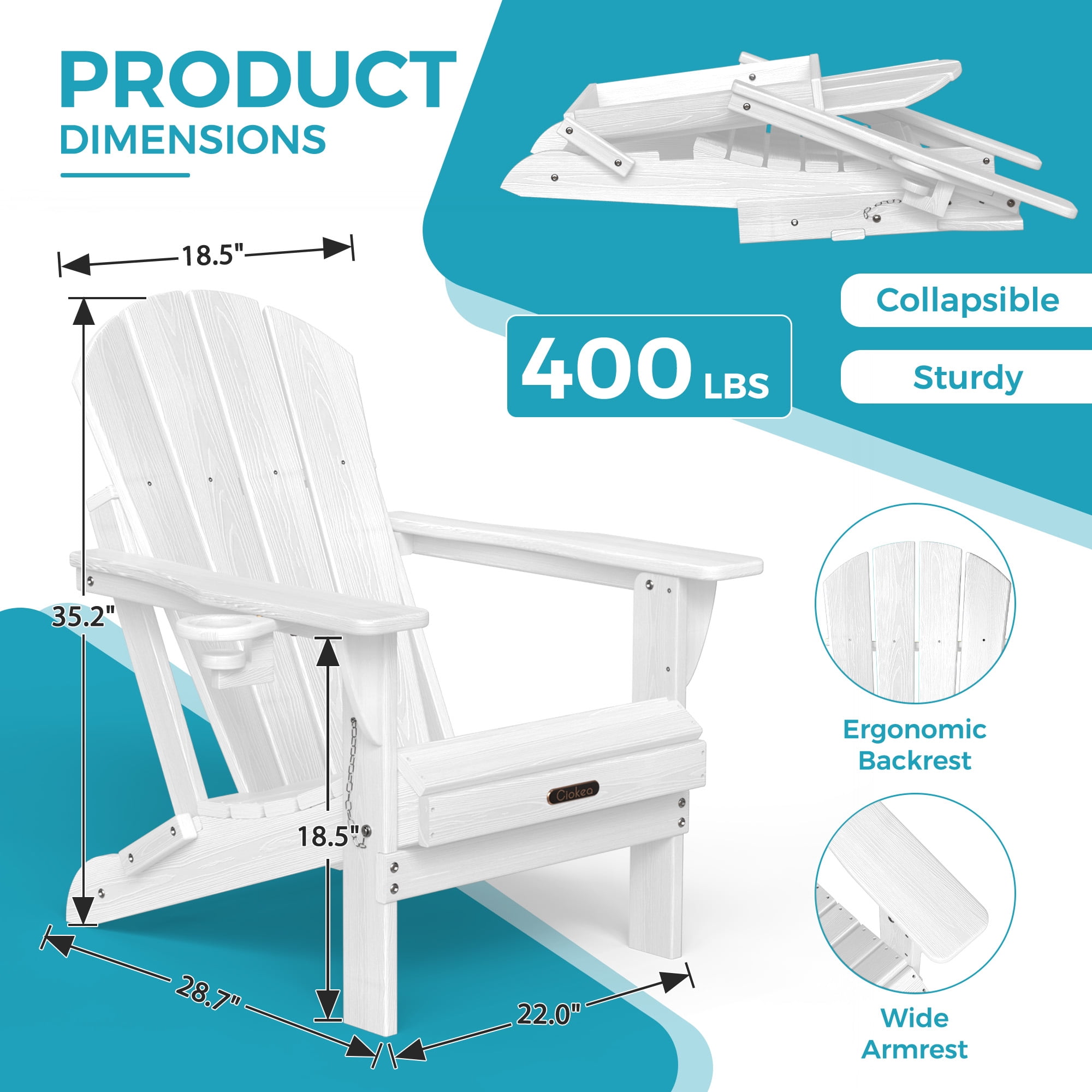 Ciokea Wood Adirondack Chairs Set of 2 Outdoor Folding Patio Chairs Fire Pit with Cup Holder Porch Garden White