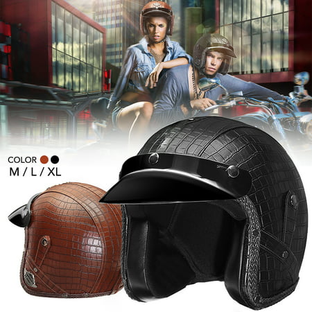 Vintage 3/4 Open Face Motorcycle Scooter Leather Helmets Lightweight Breathable To Protect Your Head M/ L/ XL[Color: Black,
