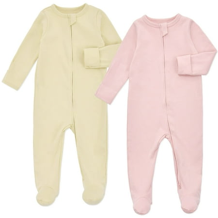 

Aablexema Baby Pajamas with Feet and Mittens 2-Pack Zip Up Infant Cotton Long Sleeve Footies Sleep and Play Onesie(Beige & Pink 3-6m)