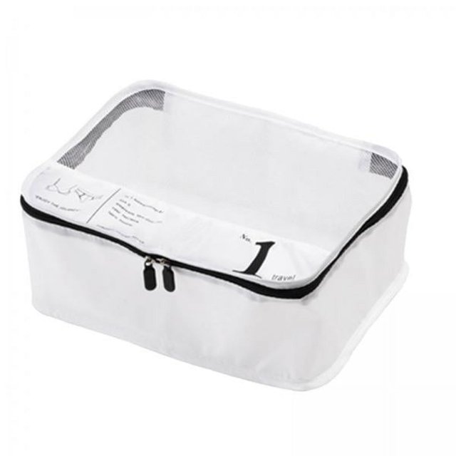 embalaje de equipaje de viaje,cubos de embalaje organizadores de embalaje para viajes,bolsas para guardar ropa y empacar equipaje de viaje,organizadores de equipaje organizador de maletas de Bolsa organizadora blanca rectangular, vista 3/4 frontal; poliéster translúcido con panel de malla en la tapa, cierre de cremallera doble negro y correas interiores con broches. Tamaño aprox. 32 x 23 x 12 cm; a menudo usada también para separar ropa interior y calcetas en maletas.