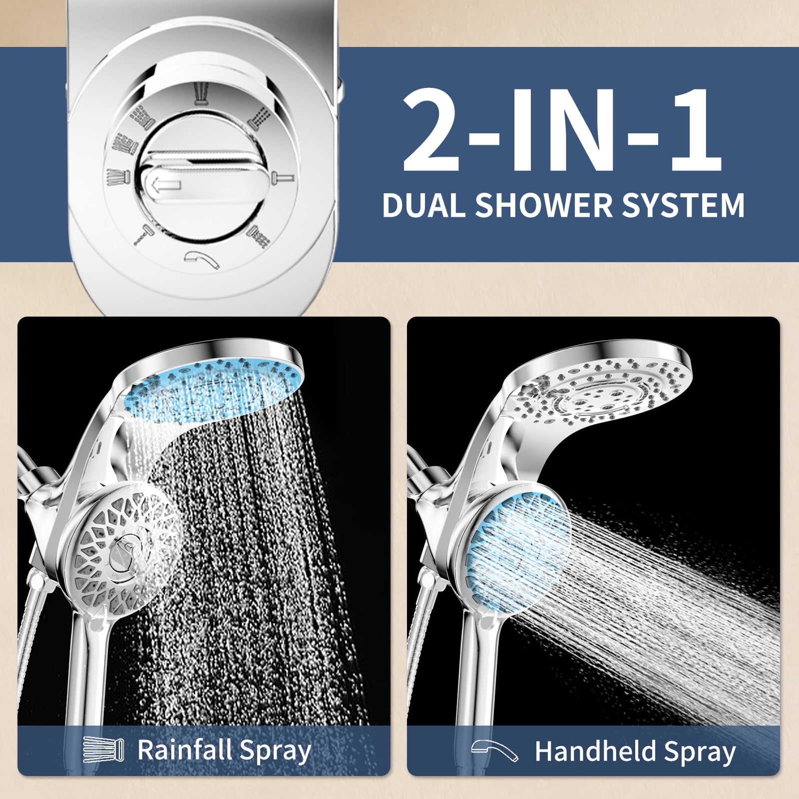 KAIYING Magnetic Rain Shower Head with Handheld Spray, Dual Modes, Waterfall, Chrome
