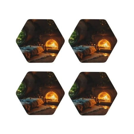 

Leather Coasters Set of 4 - Cozy Tree Hole Cabin Lightweight Non-Slip Drink Coasters for Desk Anti-Scalding Desk Cup Coasters for Office Table Decor Hexagon