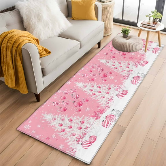 Pink Christmas Balls Kitchen Runner Rug 2x6 Washable Runners for Hallway Non Slip Xmas Tree Snowflake Large Area Rug Indoor Floor Carpet for Bathroom Laundry Entryway Bedroom Living Room