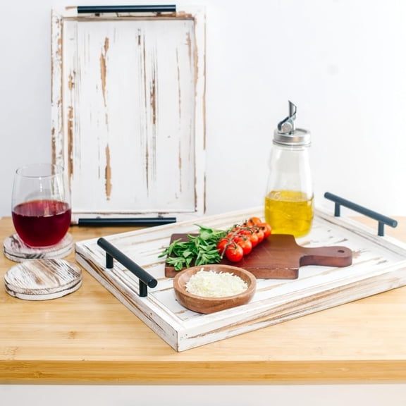 Decorative Ottoman Serving Tray Wooden Rustic (Set of 2) | Black Sleek Metal Handles | 4 Matching Coasters | Coffee Table Decor | Serving Kitchen Platter (Rustic White)
