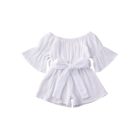 

Ma&Baby Toddler Kids Baby Girl Off-shoulder Trumpet Sleeve Waist Bandage Jumpsuits